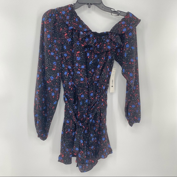 Aqua NWT Bloomingdale's One Shoulder Long Sleeve Waist Tie Floral Romper New - Picture 2 of 13